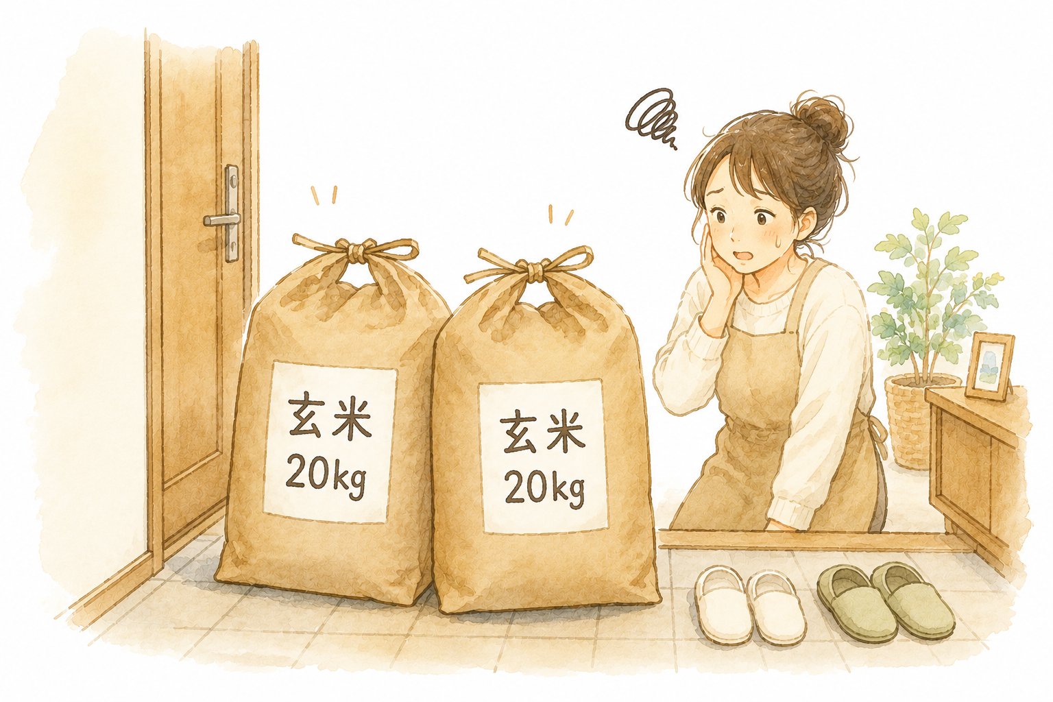 玄関に届いた玄米20kgの米袋2つを前に困った顔をしているイラスト