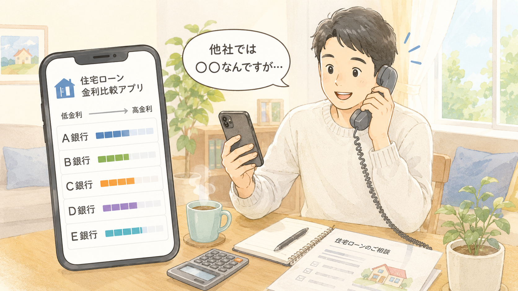 住宅ローン金利比較アプリで銀行の金利を確認しながら、電話で金利引き下げ交渉をしている男性のイラスト